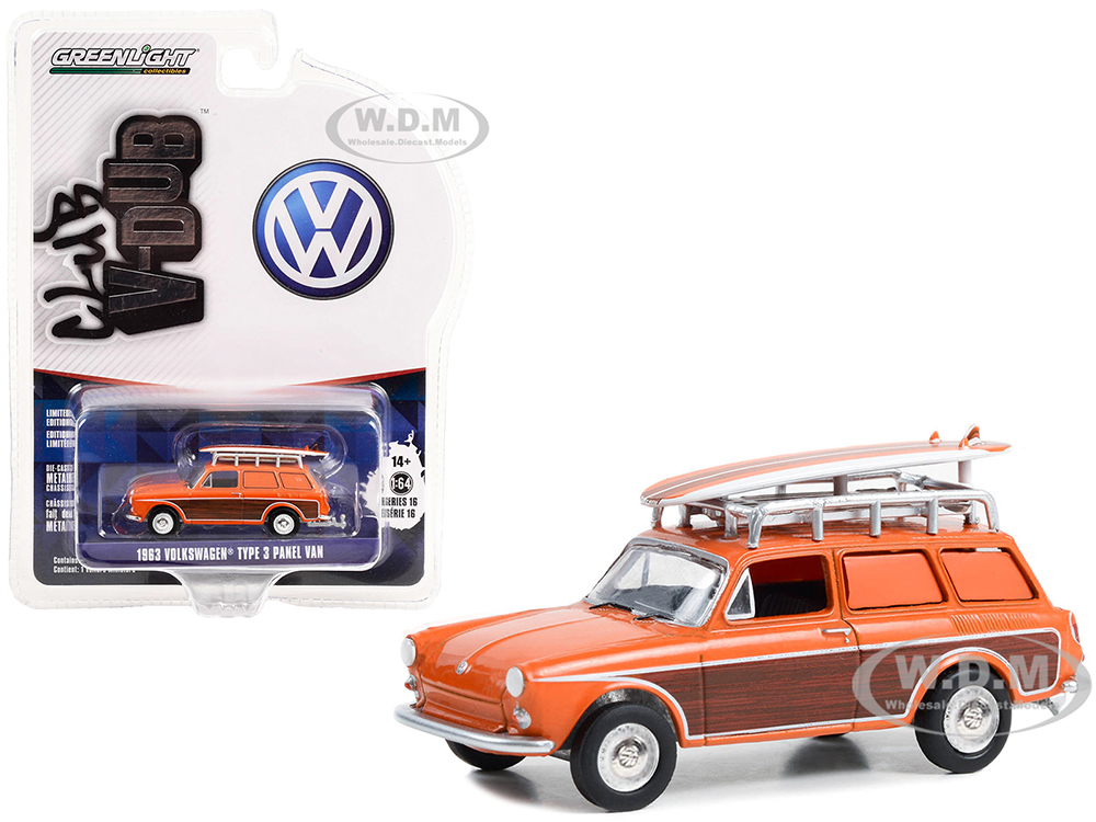 1963 Volkswagen Type 3 Panel Van Orange with Wood Panels with Roof Rack and Surfboard "Club Vee V-Dub" Series 16 1/64 Diecast Model Car by Greenlight