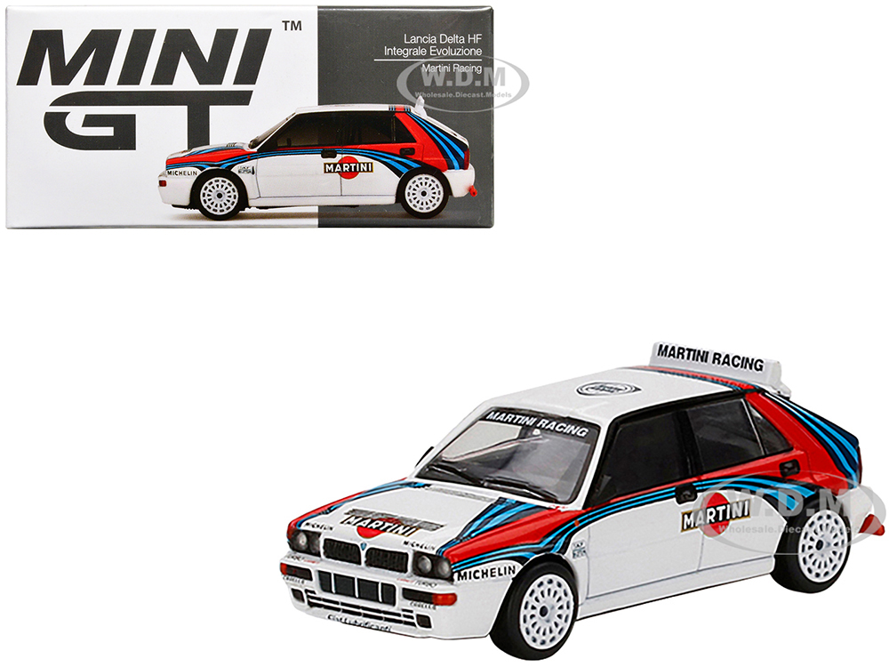 Lancia Delta HF Integrale Evoluzione White with Graphics Martini Racing 1/64 Diecast Model Car by Mini GT