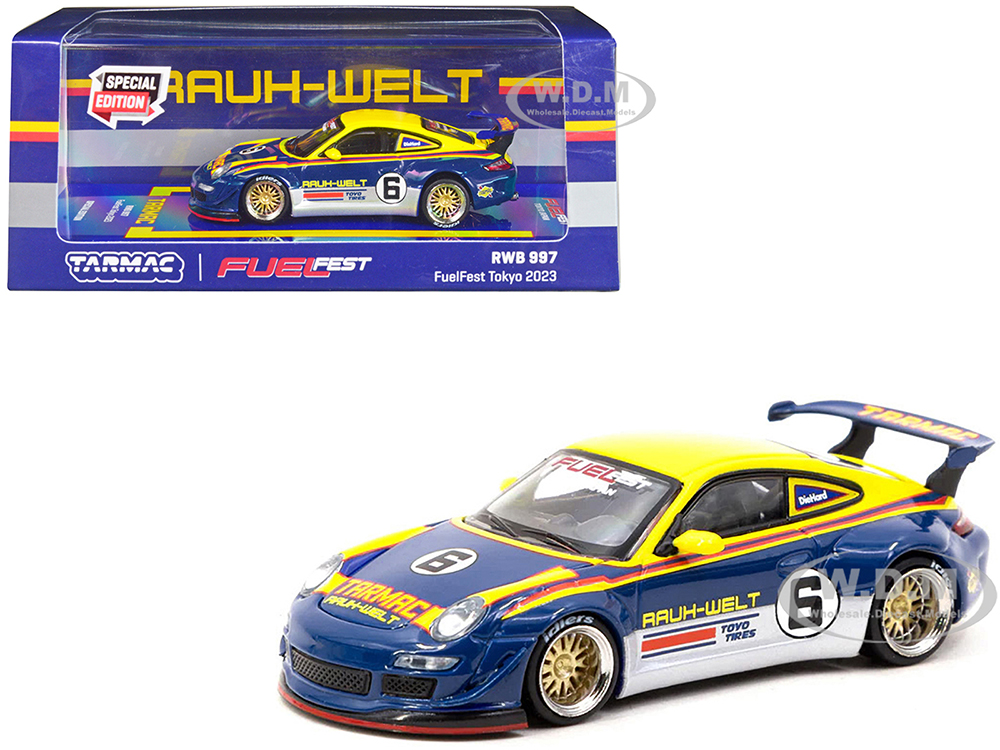 RWB 997 6 Blue and Yellow with Graphics "FuelFest Tokyo" (2023) Special Edition "Hobby64" Series 1/64 Diecast Model Car by Tarmac Works
