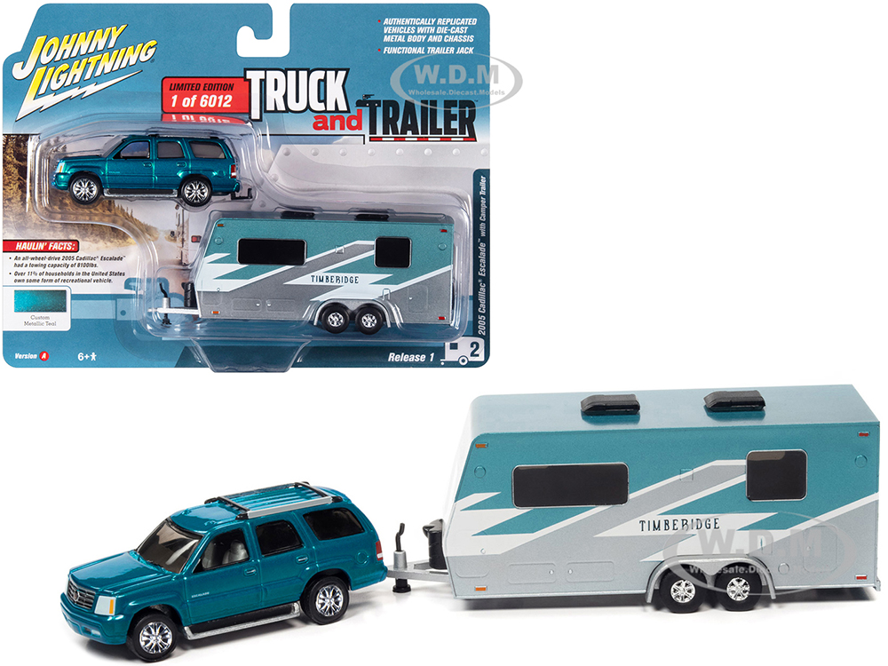 2005 Cadillac Escalade Teal Metallic with Camper Trailer Limited Edition to 6012 pieces Worldwide Truck and Trailer Series 1/64 Diecast Model Car by Johnny Lightning