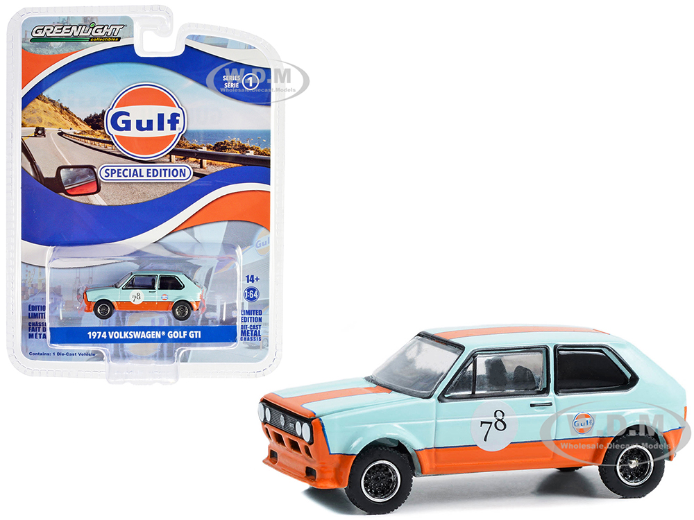 1974 Volkswagen Golf GTI Widebody 78 Light Blue with Orange Stripe "Gulf Oil Special Edition" Series 1 1/64 Diecast Model by Greenlight