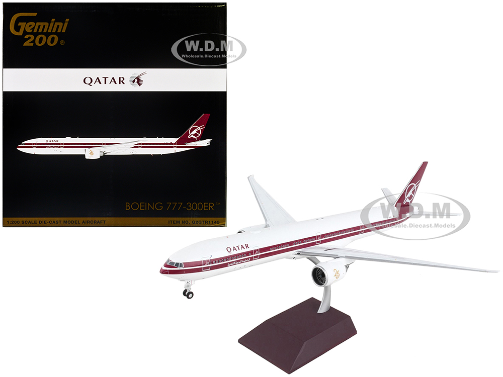 Boeing 777-300ER Commercial Aircraft Qatar Airways White with Dark Red Stripes Gemini 200 Series 1/200 Diecast Model Airplane by GeminiJets