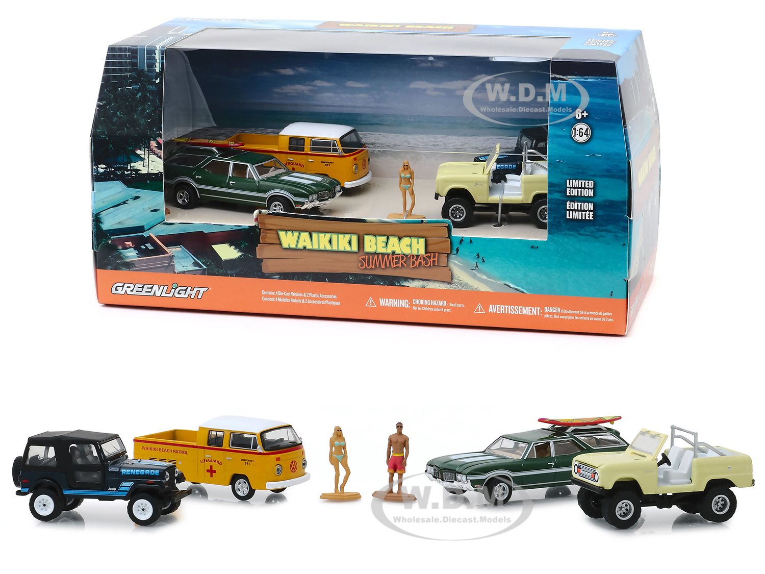 "waikiki Beach Summer Bash" 6 Piece Diorama Set (4 Cars And 2 Figurines) 1/64 Diecast Model Cars By Greenlight