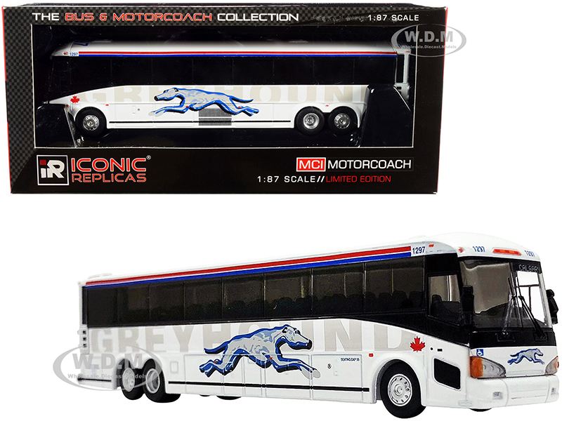 Image of MCI D4505 Motorcoach Bus "Calgary" (Greyhound Canada) White with Stripes "The Bus &amp; Motorcoach Collection" 1/87 (HO) Diecast Model by Iconic Repl
