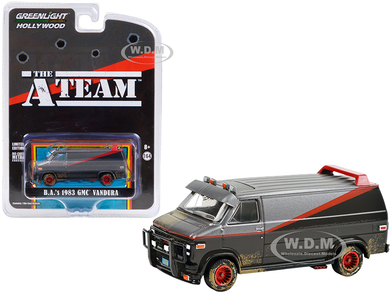 1983 GMC Vandura Van (B.A.s) Black and Silver with Red Stripe (Dirty Version) The A-Team (1983-1987) TV Series Hollywood Special Edition 1/64 Diecast Model Car by Greenlight