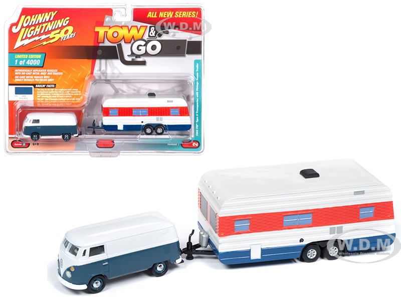 Image of 1965 Volkswagen Type 2 Transporter Dove Blue and White with Vintage House Trailer Limited Edition to 4000 pieces Worldwide "Tow &amp; Go" Series 1 1/