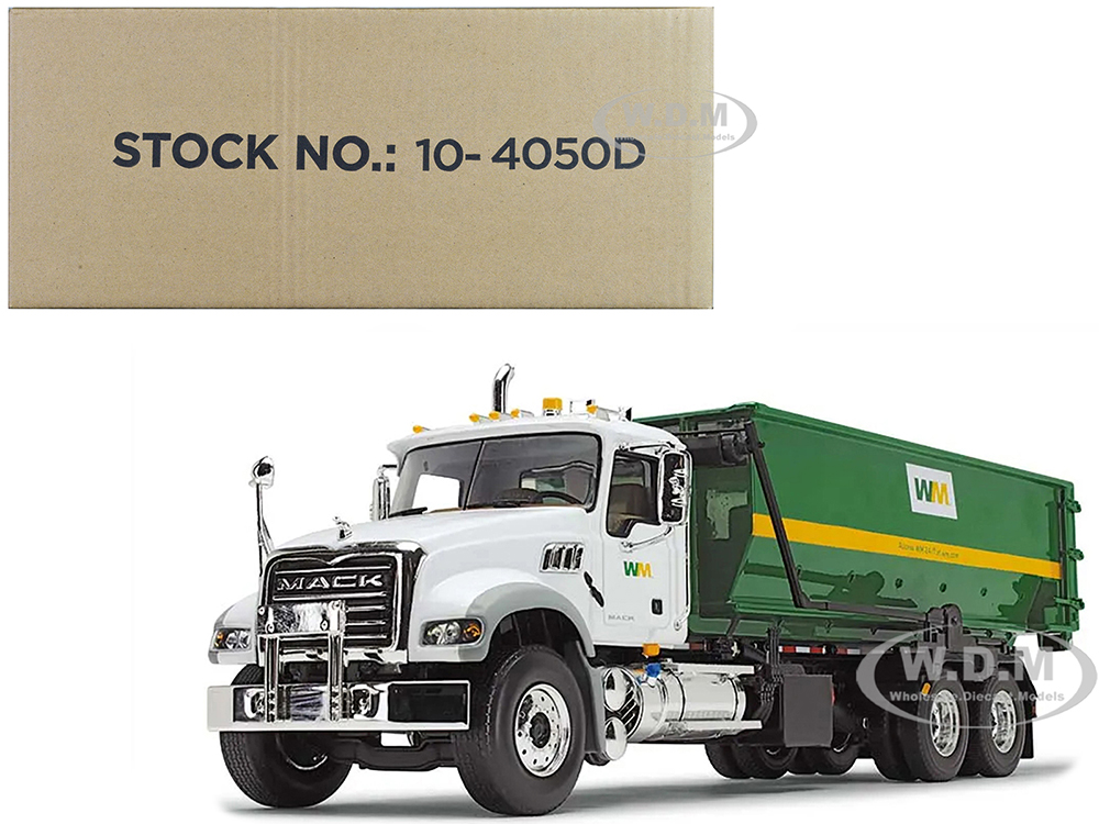 Mack Granite Garbage Truck "Waste Management" White and Green with Tub-Style Roll-Off Container 1/34 Diecast Model by First Gear