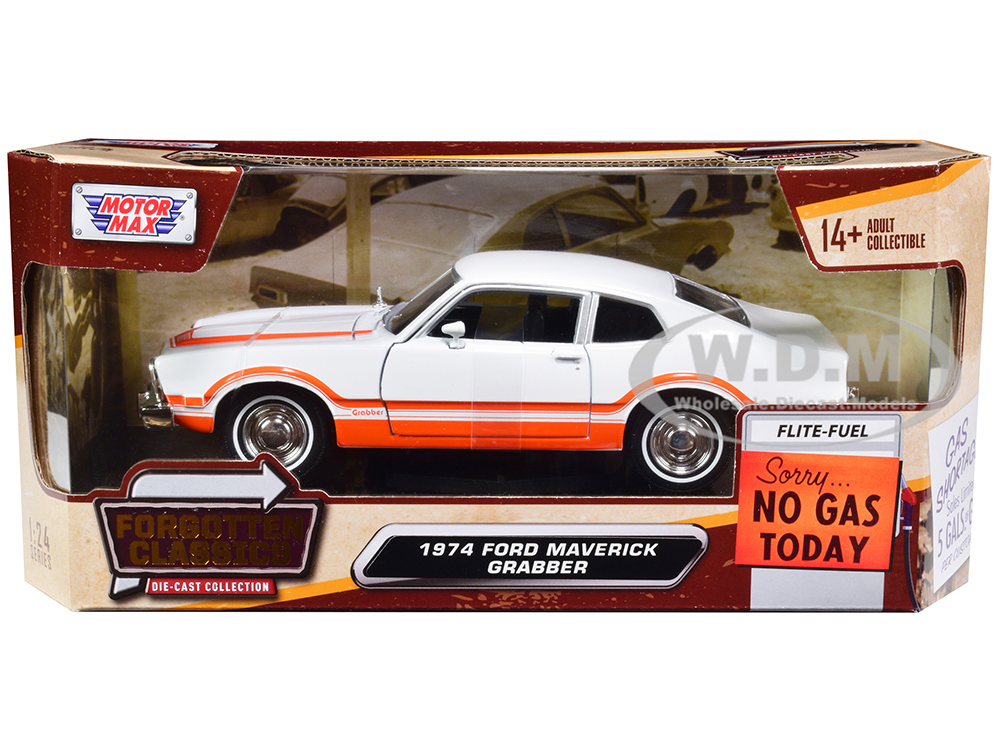 1974 Ford Maverick Grabber White with Orange Stripes Forgotten Classics Series 1/24 Diecast Model Car by Motormax