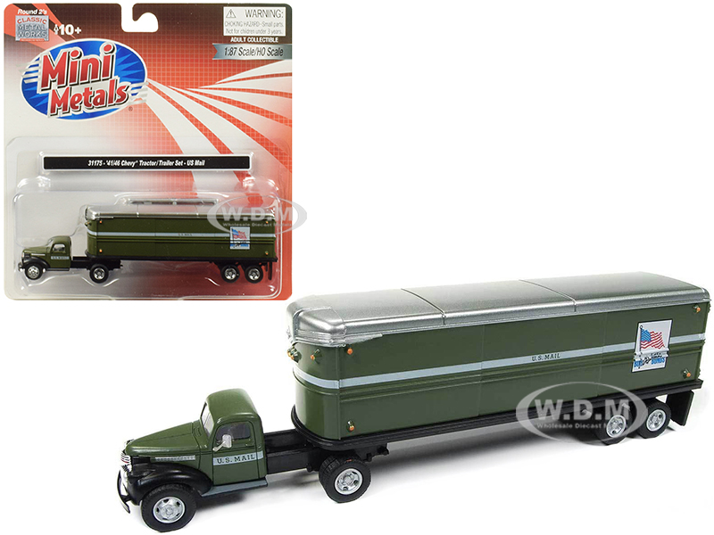 Image of 1941-1946 Chevrolet Tractor Trailer Truck "U.S. Mail" Army Green 1/87 (HO) Scale Model by Classic Metal Works