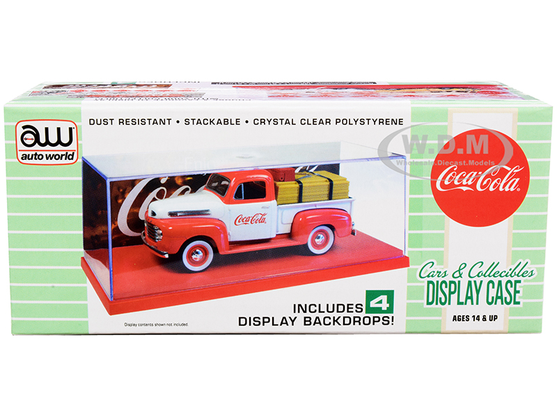 Collectible Acrylic Display Show Case with Red Plastic Base and 4 "Coca-Cola" Display Backdrops for 1/43 Scale Model Cars by Auto World