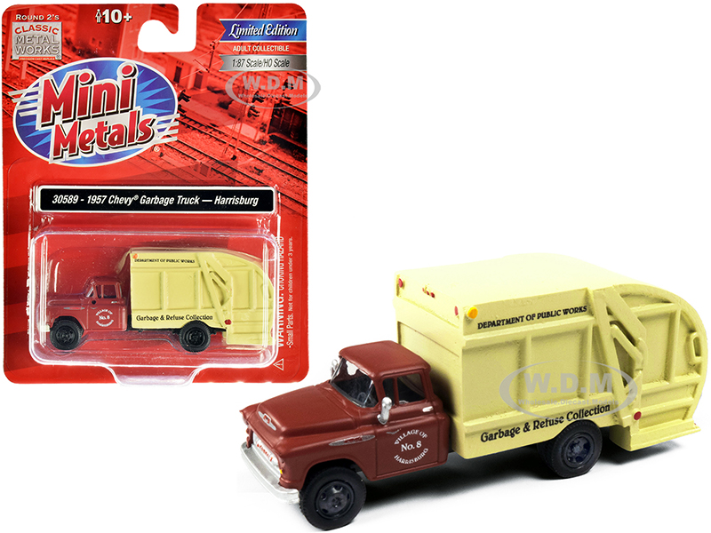 Image of 1957 Chevrolet Garbage Truck "Harrisburg Department of Public Works" Maroon and Yellow 1/87 (HO) Scale Model by Classic Metal Works