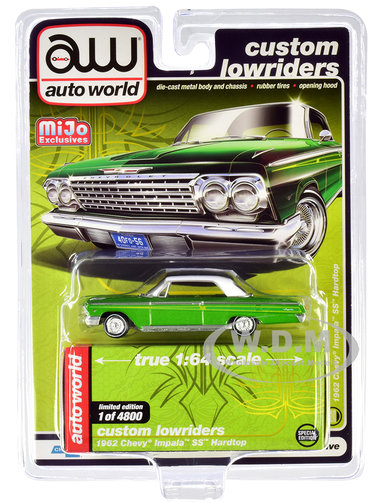 Image of 1962 Chevrolet Impala SS Hardtop Green Metallic with White Top "Custom Lowriders" Limited Edition to 4800 pieces Worldwide 1/64 Diecast Model Car by