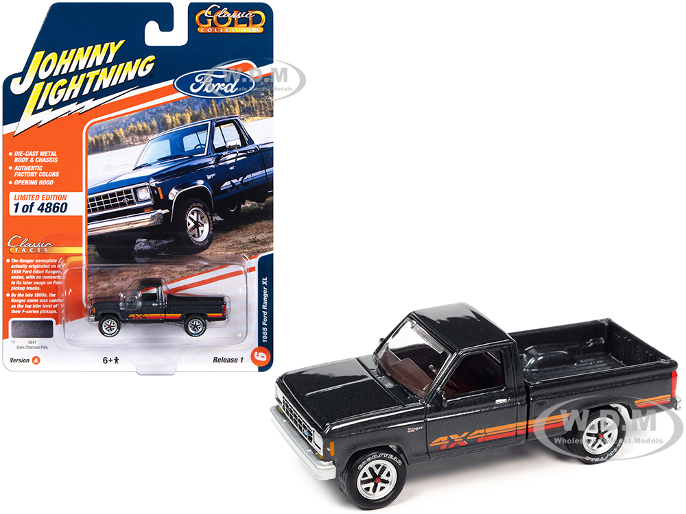 1985 Ford Ranger XL Pickup Truck Dark Charcoal Metallic with Stripes Classic Gold Collection 2023 Release 1 Limited Edition to 4860 pieces Worldwide 1/64 Diecast Model Car by Johnny Lightning