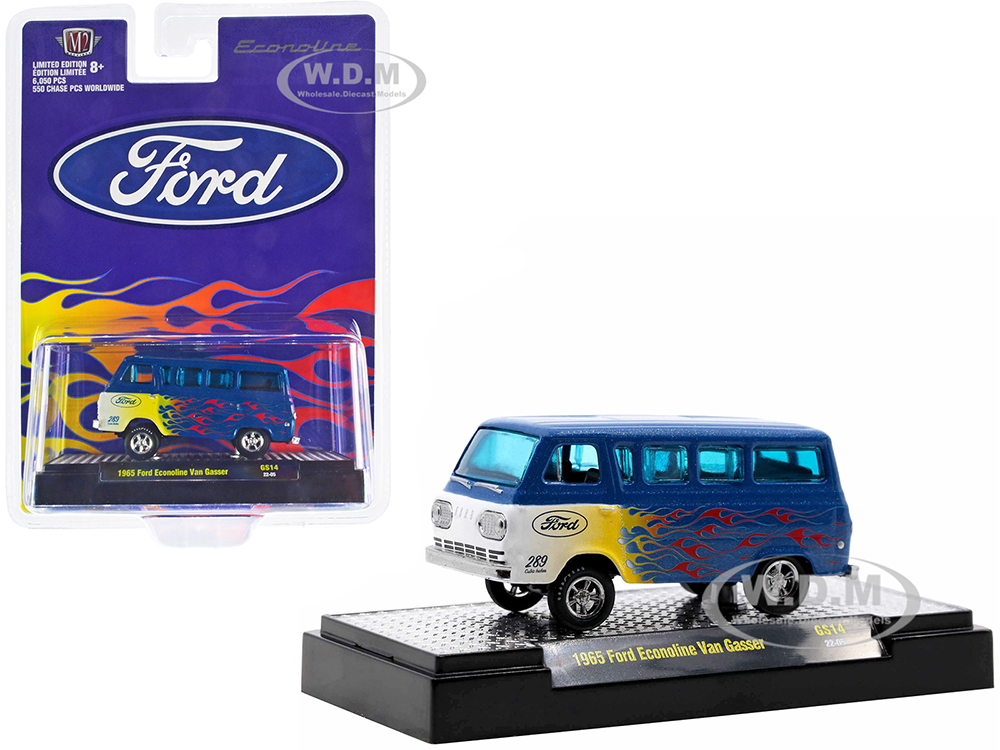 1965 Ford Econoline Van Gasser Blue Metallic with Flames Limited Edition to 6050 pieces Worldwide 1/64 Diecast Model Car by M2 Machines
