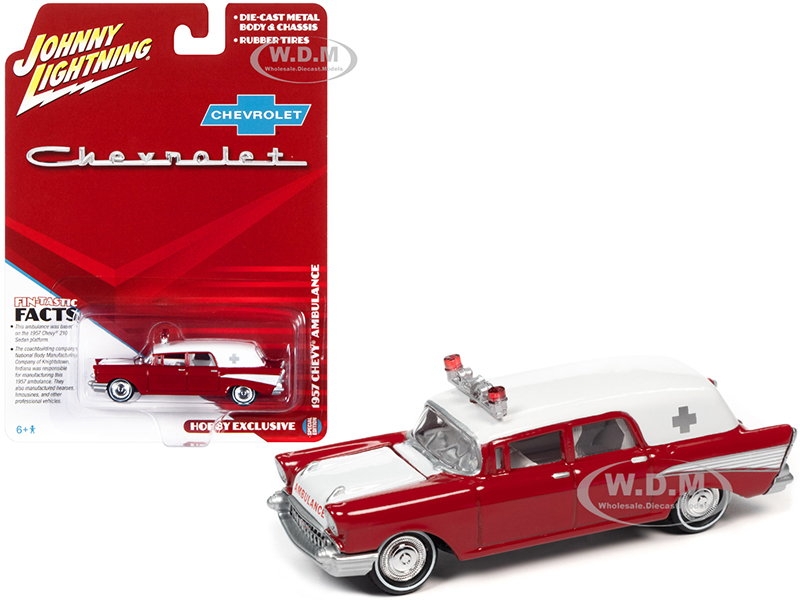 1957 Chevrolet Ambulance Kosmos Red and White with White Interior 1/64 Diecast Model Car by Johnny Lightning
