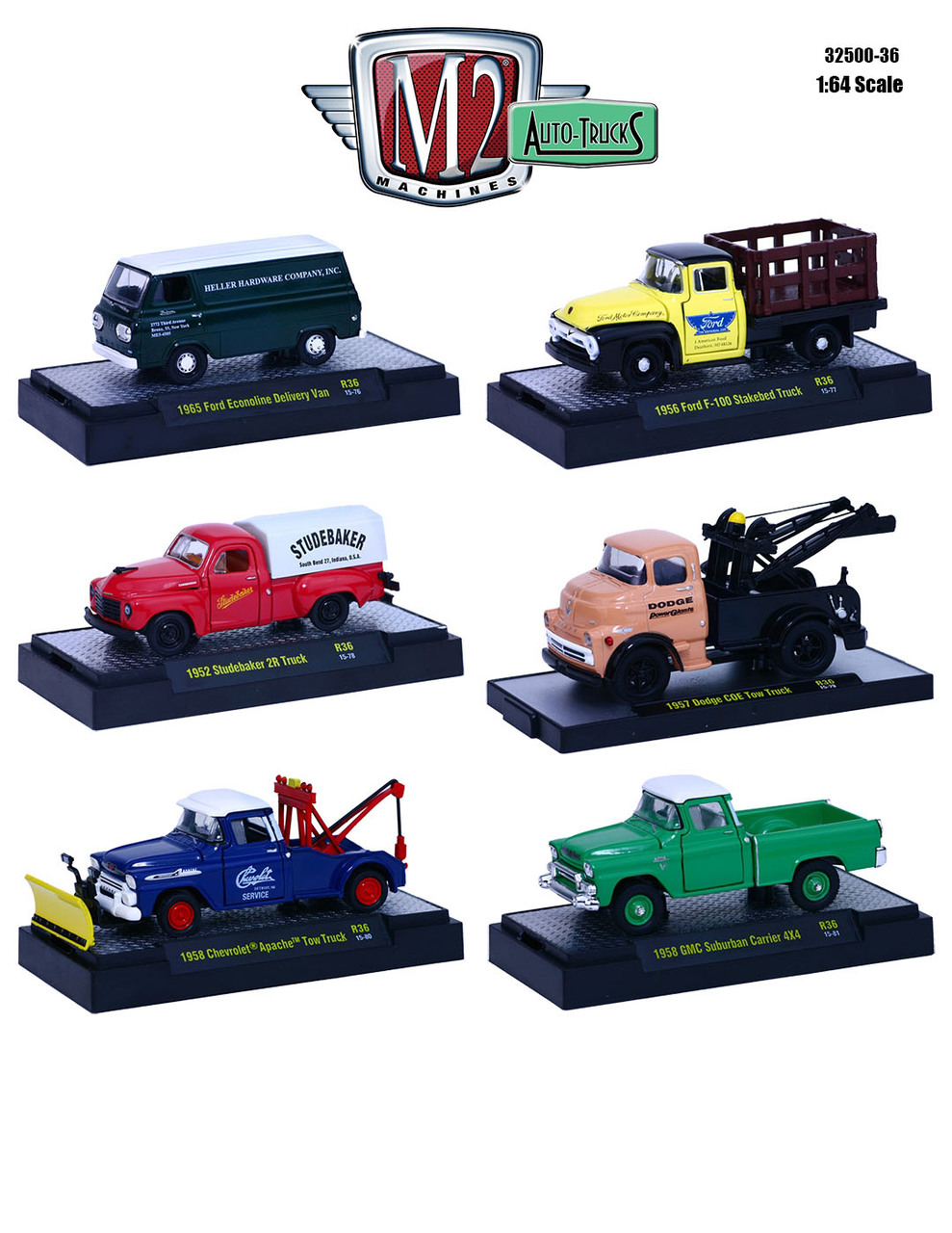 Auto Trucks 6 Piece Set Release 36 In Display Cases 1/64 Diecast Model Cars By M2 Machines