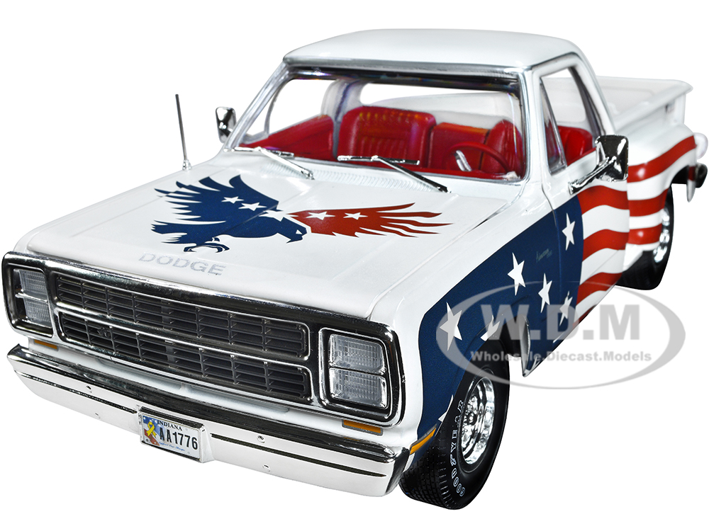 1980 Dodge D150 Adventurer Pickup Truck White with American Flag Graphics and Red Interior 1/18 Diecast Model Car by Auto World