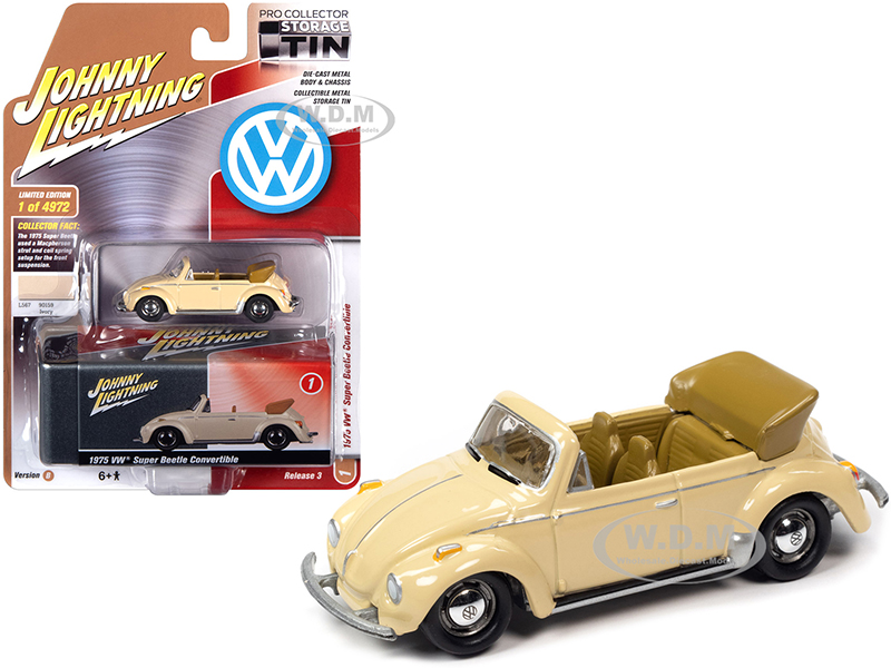 Image of 1975 Volkswagen Super Beetle Convertible (Top Down) Ivory and Collector Tin Limited Edition to 4972 pieces Worldwide 1/64 Diecast Model Car by Johnny