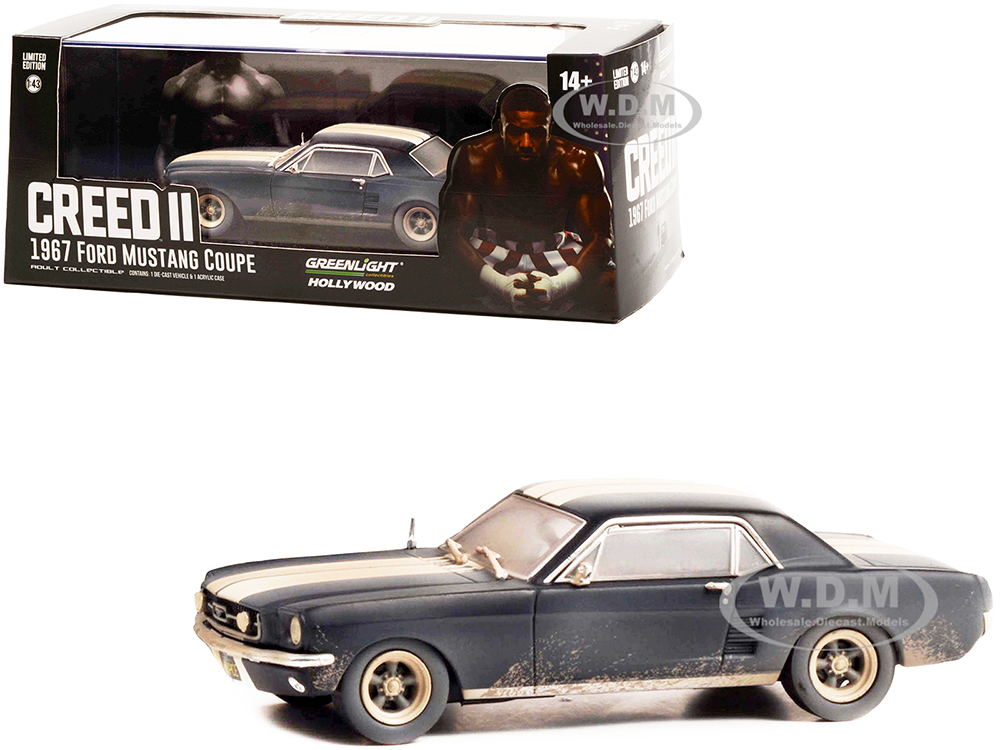 1967 Ford Mustang Coupe Matt Black with White Stripes (Weathered) (Adonis Creeds) Creed II (2018) Movie 1/43 Diecast Model Car by Greenlight
