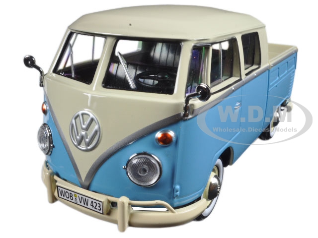 Volkswagen Type 2 (T1) Double Cab Pickup Truck Light Blue and Cream 1/24 Diecast Model Car by Motormax