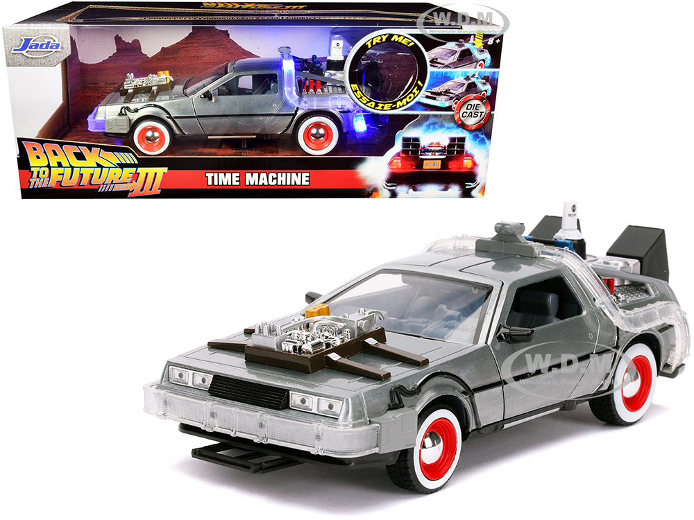 DeLorean Brushed Metal Time Machine with Lights Back to the Future Part III (1990) Movie Hollywood Rides Series 1/24 Diecast Model Car by Jada