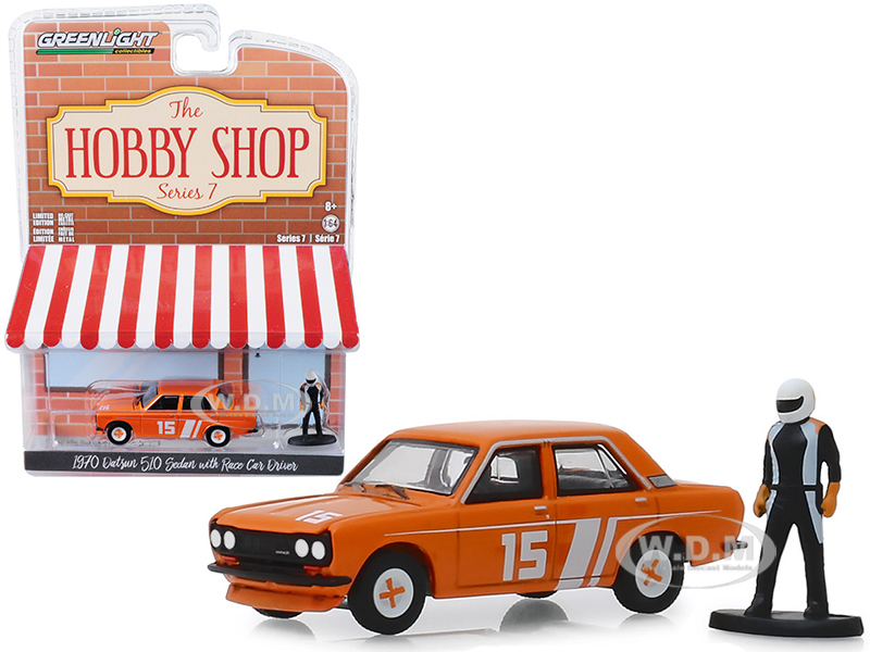 1970 Datsun 510 4-door Sedan 15 Orange With Race Car Driver Figurine "the Hobby Shop" Series 7 1/64 Diecast Model Car By Greenlight