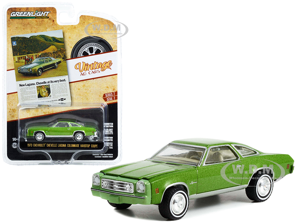 1973 Chevrolet Chevelle Laguna Colonnade Hardtop Coupe Green Metallic "New Laguna. Chevelle At Its Very Best" "Vintage Ad Cars" Series 7 1/64 Diecast