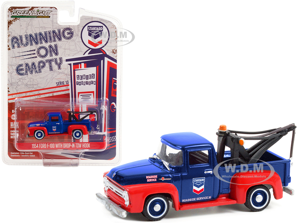 1954 Ford F-100 Tow Truck with Drop-in Tow Hook Standard Oil Blue and Matt Red Running on Empty Series 13 1/64 Diecast Model Car by Greenlight