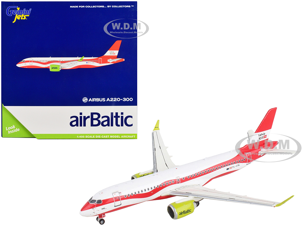 Airbus A220-300 Commercial Aircraft "Air Baltic" White and Red 1/400 Diecast Model Airplane by GeminiJets