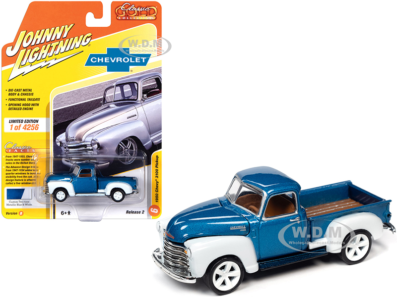 Image of 1950 Chevrolet 3100 Pickup Truck Custom Blue Metallic and White "Classic Gold Collection" Limited Edition to 4256 pieces Worldwide 1/64 Diecast Model