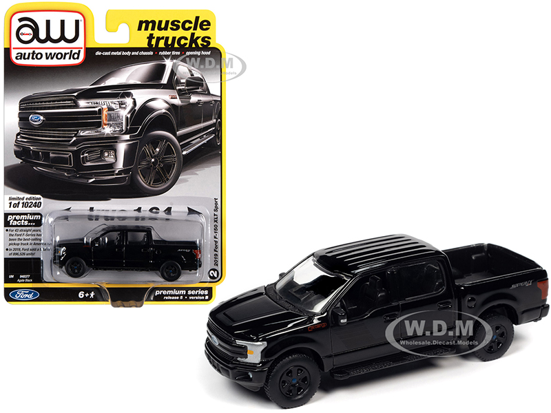 Image of 2019 Ford F-150 XLT Sport Pickup Truck Agate Black with Matt Black Stripes "Muscle Trucks" Limited Edition to 10240 pieces Worldwide 1/64 Diecast Mod