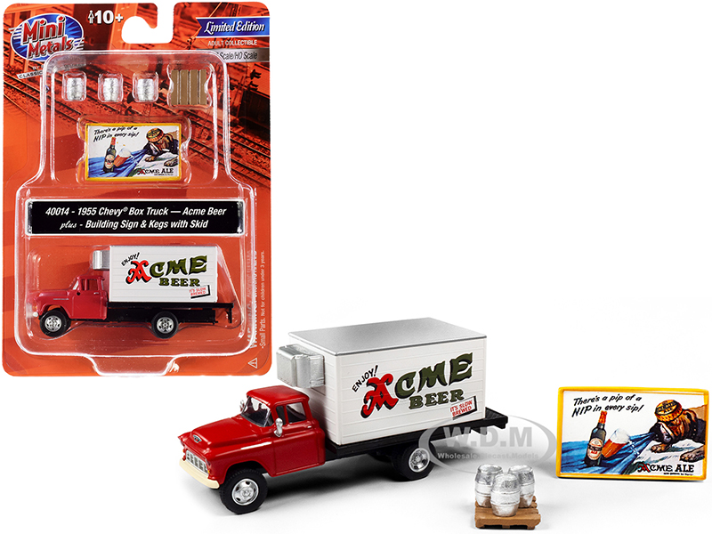 1955 Chevrolet Box Truck Red and White with Building Sign and 3 Beer Kegs with Skid Acme Beer 1/87 (HO) Scale Models by Classic Metal Works