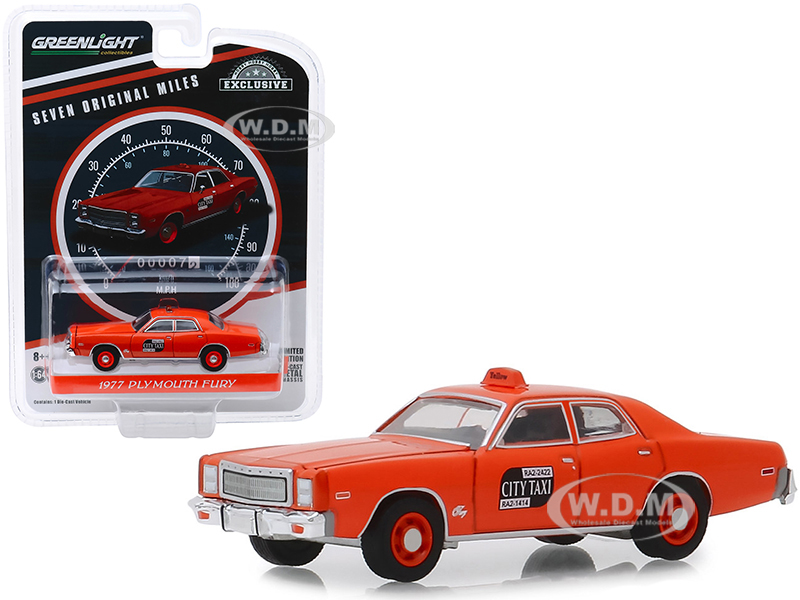 Image of 1977 Plymouth Fury "NYC Taxi" (Binghamton New York City) "Seven Original Miles on Odometer" "Hobby Exclusive" 1/64 Diecast Model Car by Greenlight