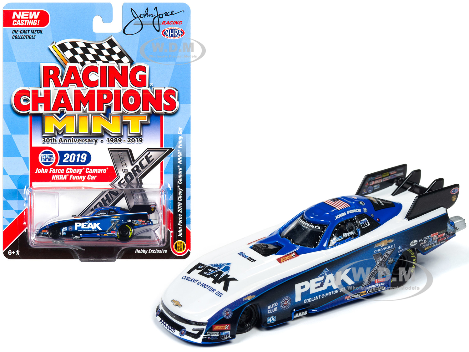 Image of 2019 Chevrolet Camaro NHRA Funny Car "Peak" John Force "John Force Racing" "Racing Champions 30th Anniversary" (1989-2019) 1/64 Diecast Model Car by