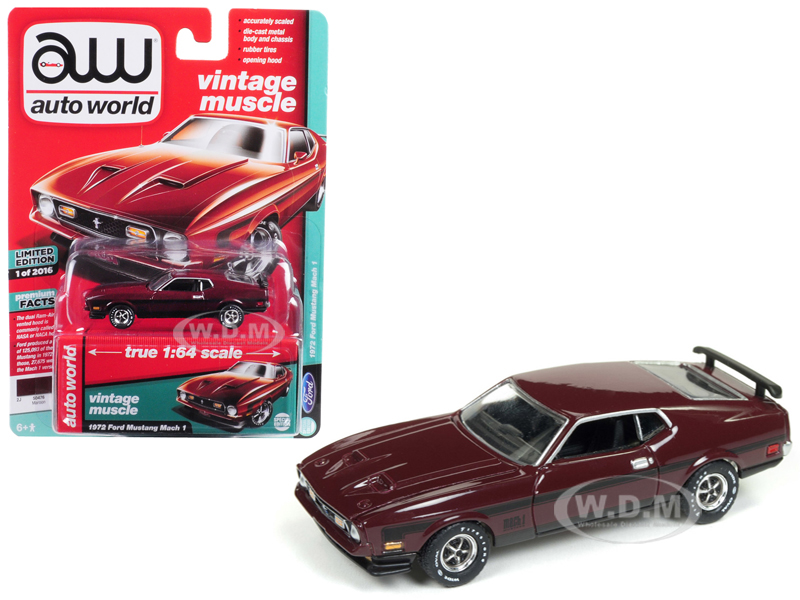 1972 Ford Mustang Mach 1 Maroon With Black Stripes Limited Edition To 2016 Pieces Worldwide 1/64 Diecast Model Car By Autoworld