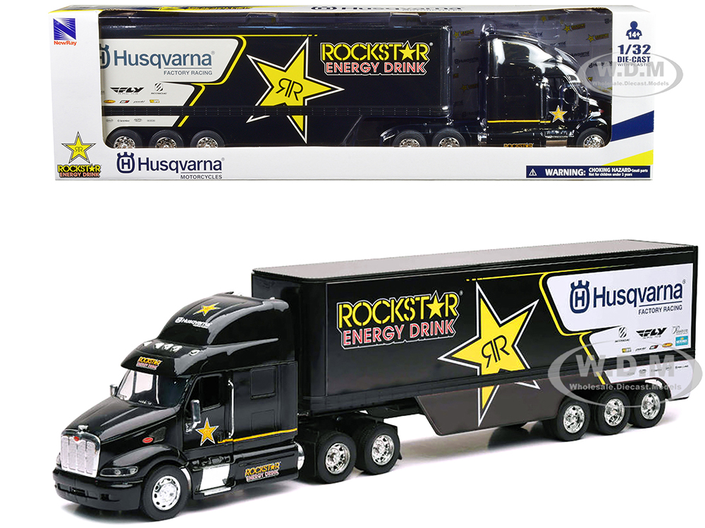 Peterbilt 387 Semi-Truck Black Rockstar Energy Drink - Husqvarna Factory Racing 1/32 Diecast Model by New Ray