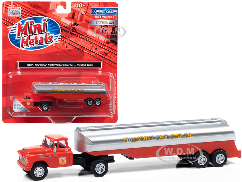1957 Chevrolet Truck Tractor with Tanker Trailer Orange and Silver Millstone Township Fire Co. 1/87 (HO) Scale Model by Classic Metal Works