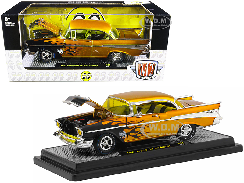 Image of 1957 Chevrolet Bel Air Hardtop "Mooneyes" Liquid Gold with Black Flames Limited Edition to 6880 pieces Worldwide 1/24 Diecast Model Car by M2 Machine
