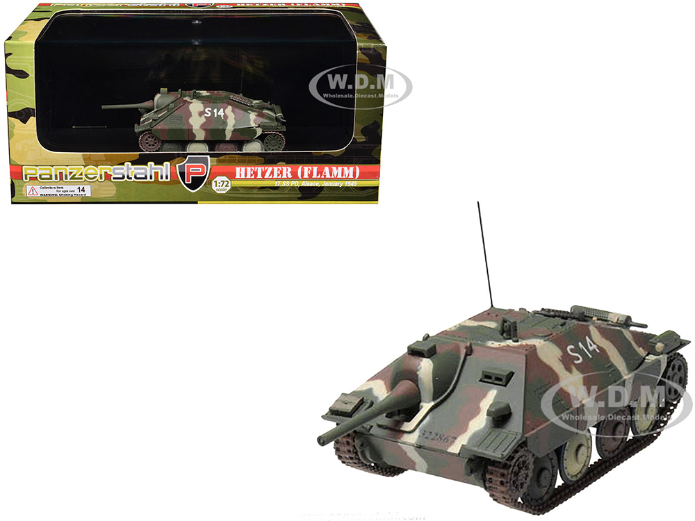 Hetzer (Flamm) Tank Destroyer S14 17th SS Panzergrenadier Division Alsace (1945) German Army 1/72 Diecast Model by Panzerstahl