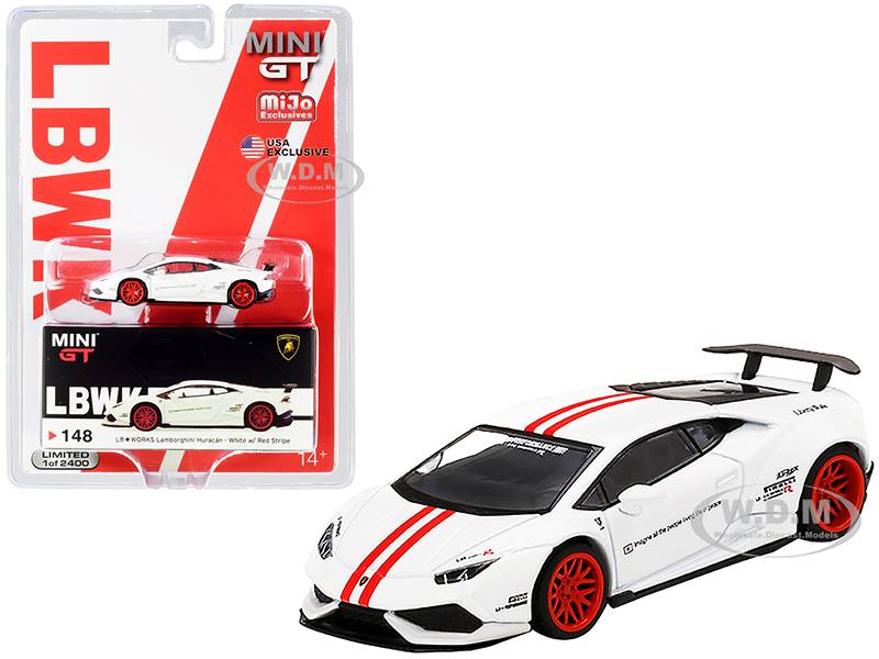 Image of Lamborghini Huracan Version 1 LB Works White with Red Stripes Limited Edition to 2400 pieces Worldwide 1/64 Diecast Model Car by True Scale Miniature
