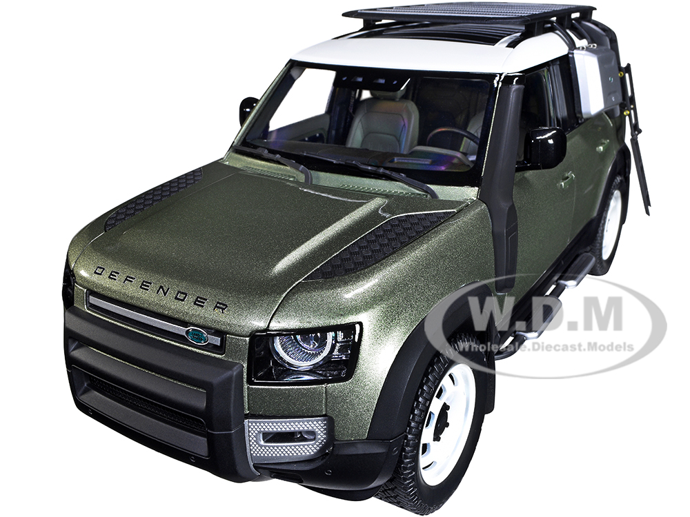 2020 Land Rover Defender 110 with Roof Rack Pangea Green Metallic with White Top 1/18 Diecast Model Car by Almost Real