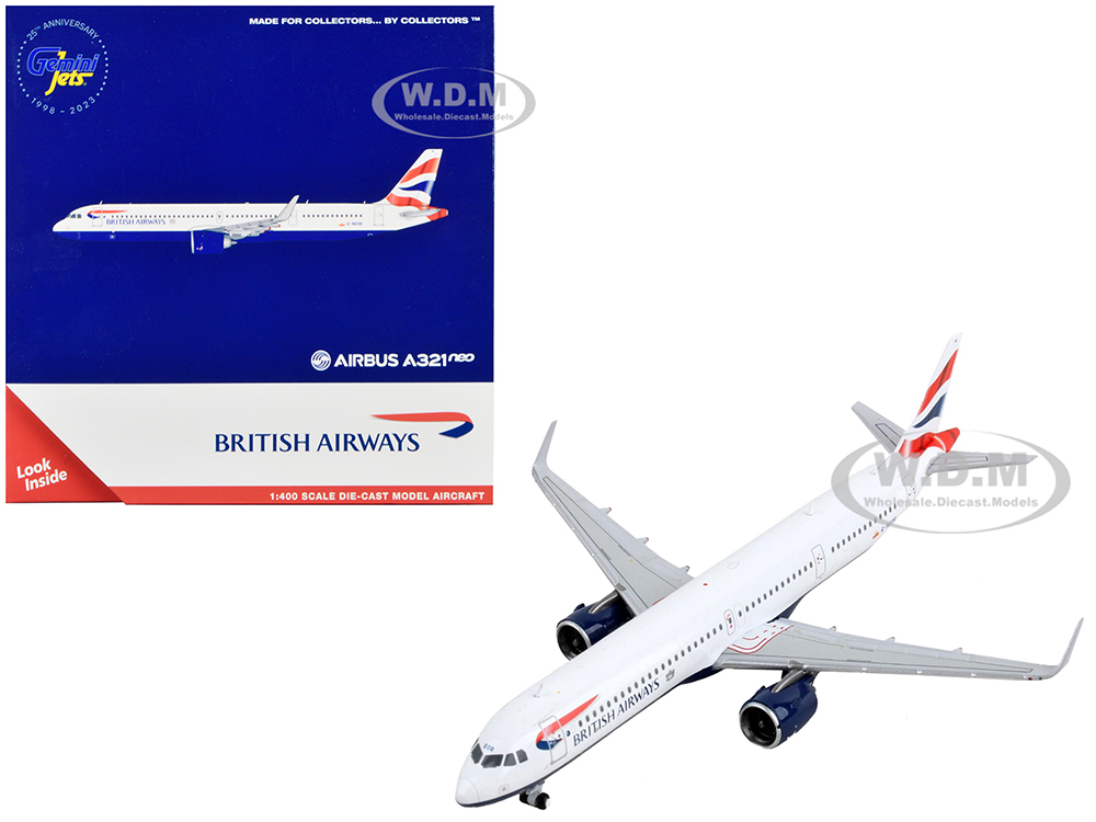 Airbus A321neo Commercial Aircraft British Airways White with Tail Stripes 1/400 Diecast Model Airplane by GeminiJets