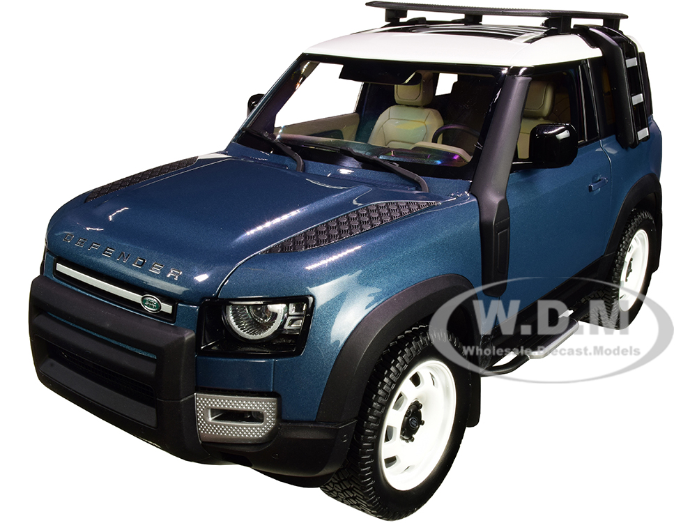 2020 Land Rover Defender 90 with Roof Rack Tasman Blue with White Top 1/18 Diecast Model Car by Almost Real