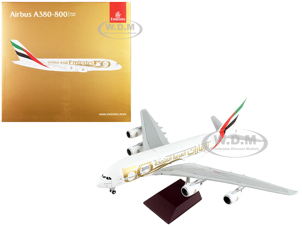 Airbus A380-800 Commercial Aircraft Emirates Airlines - 50th Anniversary of UAE White with Striped Tail Gemini 200 Series 1/200 Diecast Model Airplane by GeminiJets