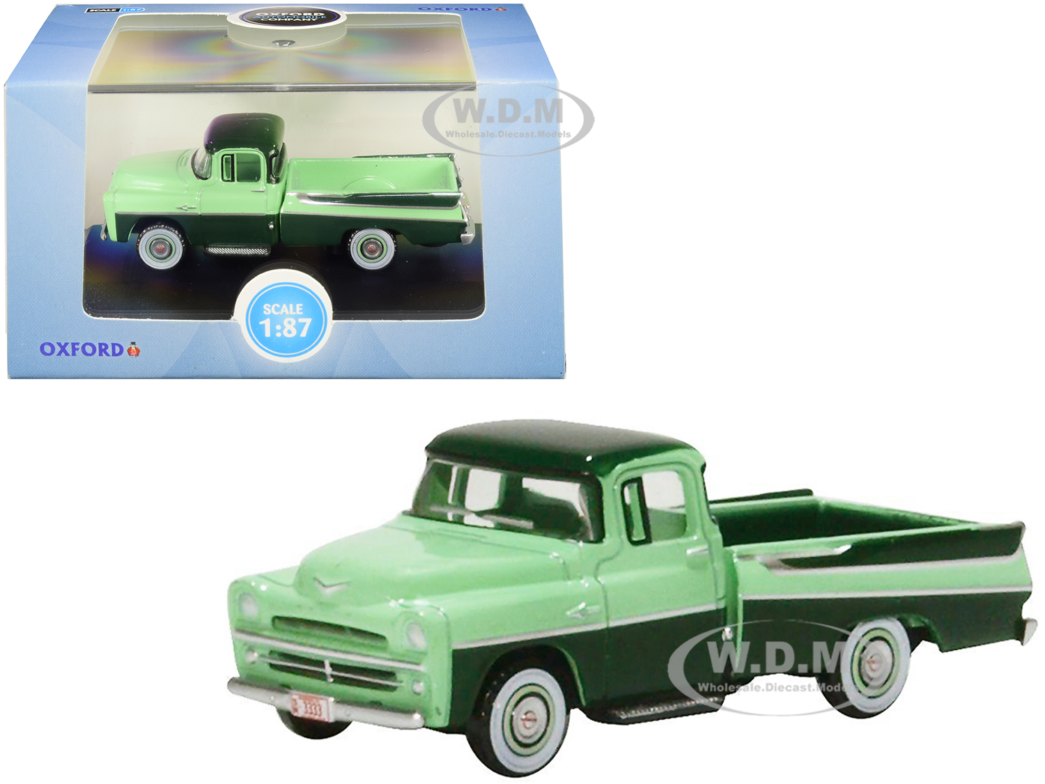Image of 1957 Dodge D100 Sweptside Pickup Truck Forest Green and Misty Green 1/87 (HO) Scale Diecast Model Car by Oxford Diecast