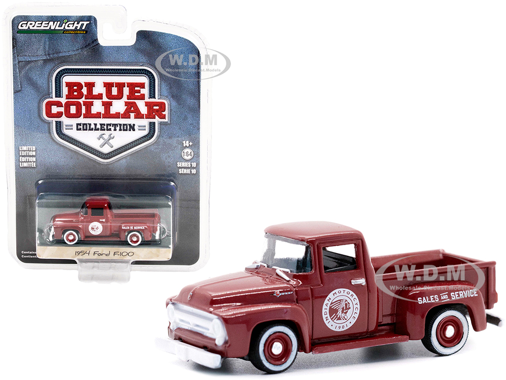 1954 Ford F-100 Pickup Truck Burgundy "Indian Motorcycle Sales &amp; Service" "Blue Collar Collection" Series 10 1/64 Diecast Model Car by Greenlight