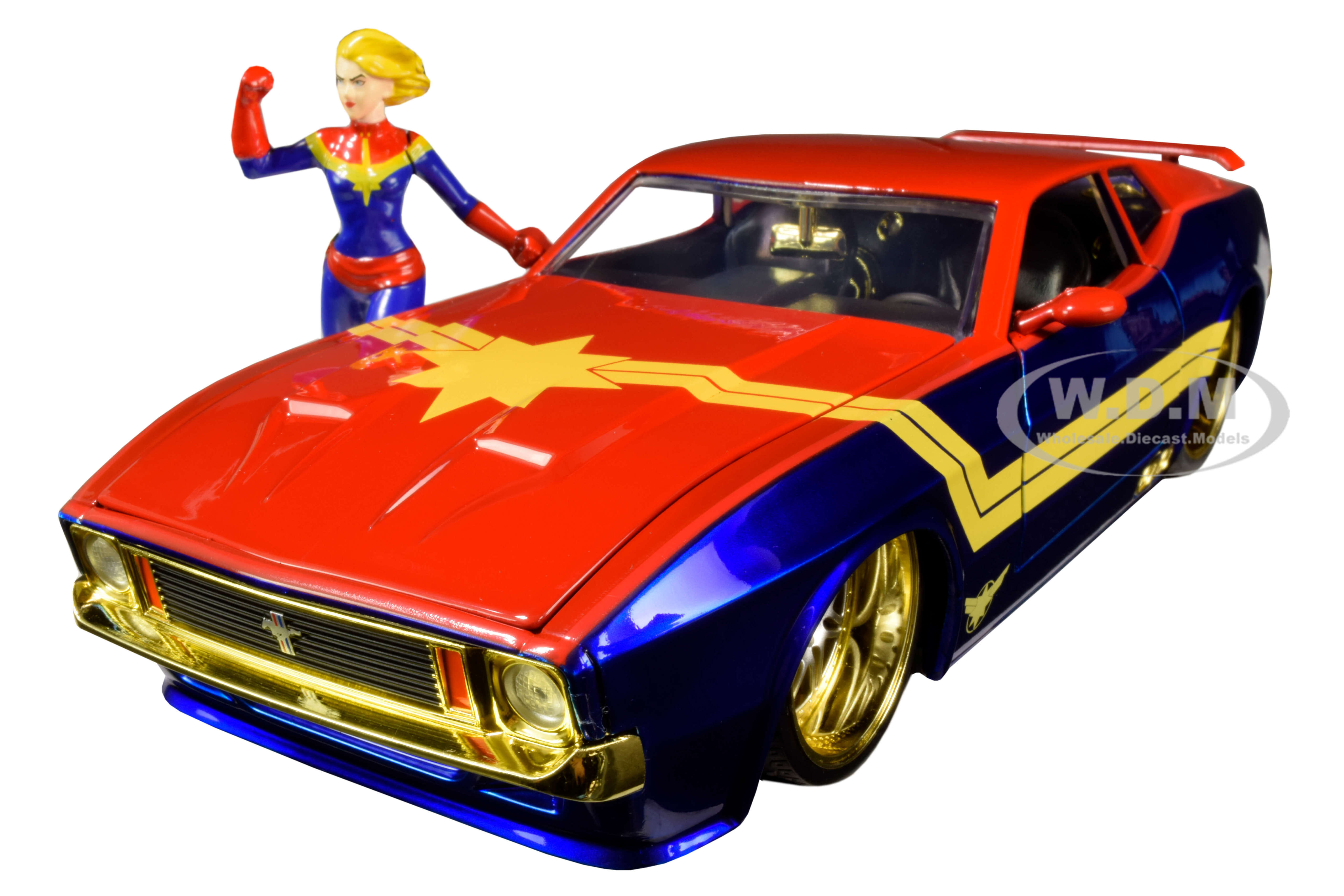1973 Ford Mustang Mach 1 with Captain Marvel Diecast Figurine Avengers Marvel Series 1/24 Diecast Model Car by Jada