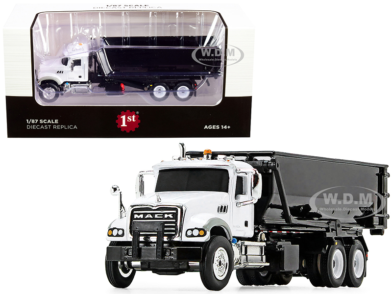 Image of Mack Granite with Tub-Style Roll-Off Container Dump Truck White and Black 1/87 Diecast Model by First Gear