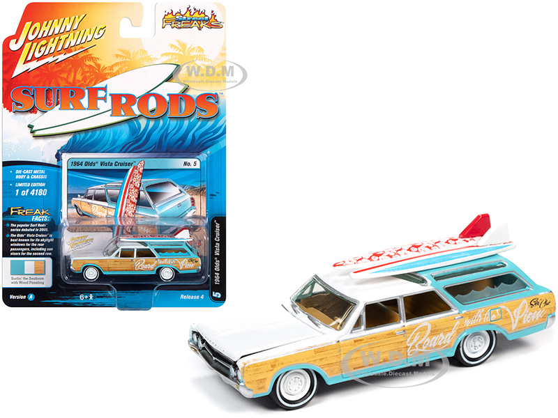 Image of 1964 Oldsmobile Vista Cruiser White and Seafoam Green with Wood Paneling and Two Surfboards "Surf Rods" Limited Edition to 4180 pieces Worldwide 1/64