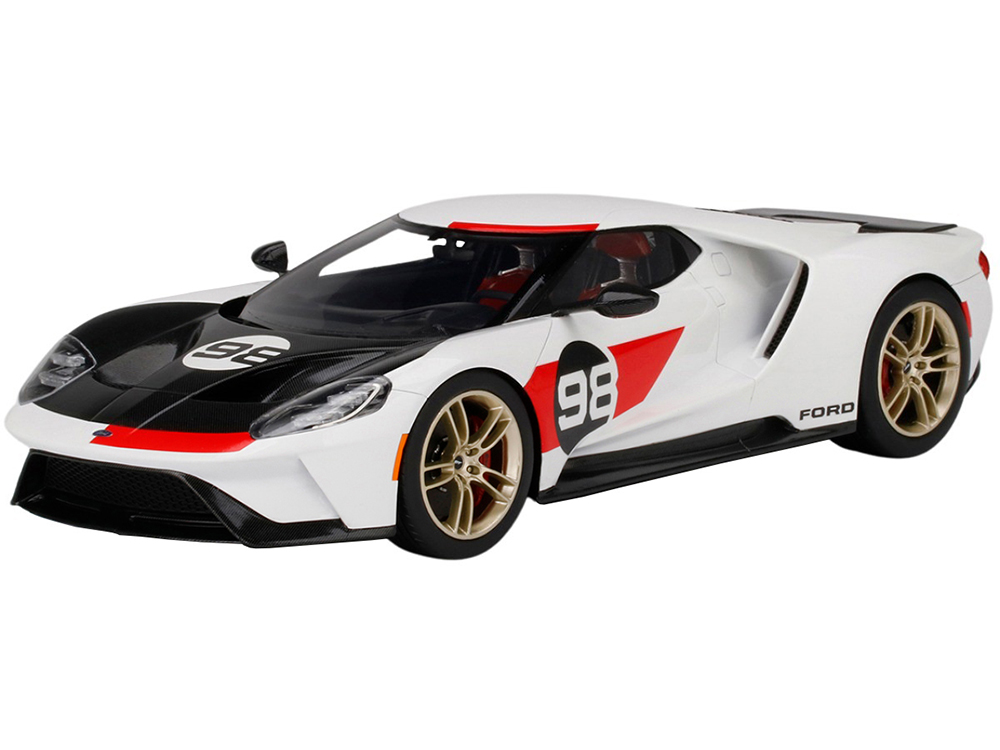 2021 Ford GT #98 White with Black Hood Heritage Edition 1/18 Model Car by Top Speed